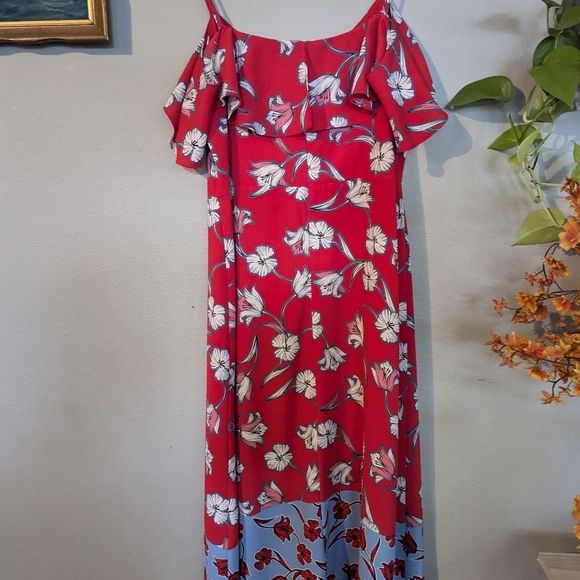 Roz & Ali Red Floral Midi Cold Shoulder Dress Size 16 - Picture 8 of 9